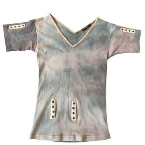 Rectangle Blanc Y2K Tie Dye V-Neck Top with Studded Accents Blue Grey Small